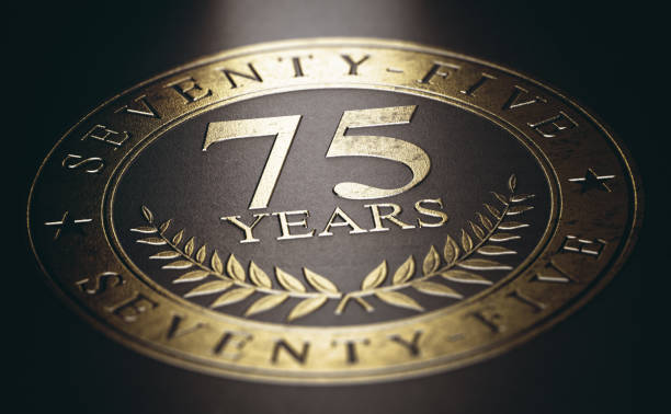 75 years celebration. Seventy-fifth anniversary. Golden marking over black background with the text 75 years. Concept for a 75th anniversary celebration announcement. 3D illustration. 75th anniversary stock pictures, royalty-free photos & images