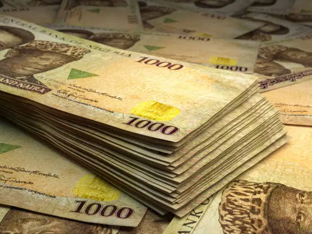 Money of Nigeria. Nigerian naira bills. NGN banknotes. 1000 polymer. Business, finance, news background. 3d illustration.