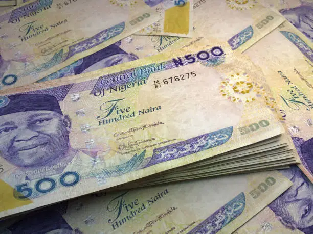 Money of Nigeria. Nigerian naira bills. NGN banknotes. 500 polymer. Business, finance, news background. 3d illustration.