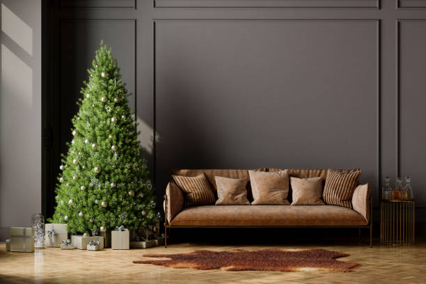 living room interior with christmas tree, gift boxes, brown leather sofa and empty wall - home decorating showcase interior living room home interior imagens e fotografias de stock