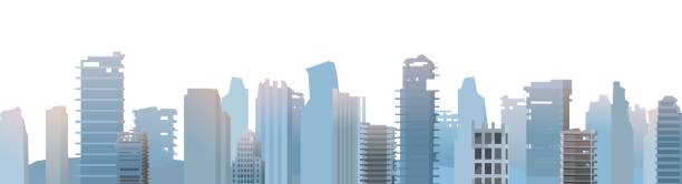 istock Ruined city on horizon. Apocalypse scene. Illustration isolated on white background. Armageddon death of civilization in war or environmental disaster. Flat style. Vector 1349913577