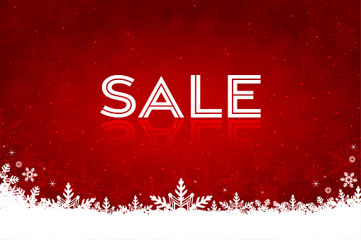 White colored snowflakes at the bottom of a vibrant dark maroon red horizontal Xmas festive vector backgrounds with text message Sale. There is dotted snow or glitter here and there. Can be used as New Year, Boxing day, Black Friday deals, end of season , festival sales, related backdrops, templates, web banners, gift wrapping paper sheet, templates or posters.