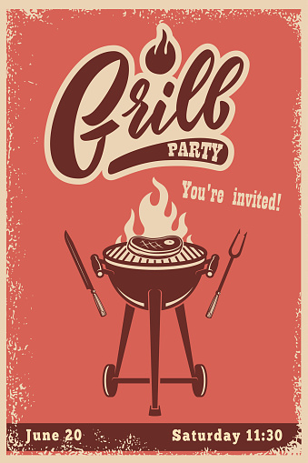 Grill party. Poster template with bbq grill in vintage style. Vector design