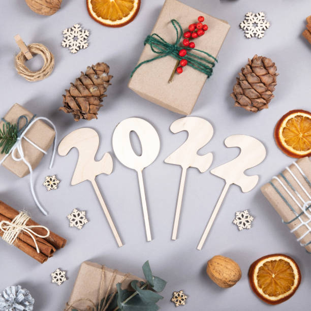 istock Beautiful and natural New Year composition of different decoration objects. 1349916475