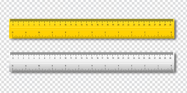 ilustrações de stock, clip art, desenhos animados e ícones de two inch and metric rulers yellow and white color centimeters and inches measuring scale cm metrics indicator vector isolated set - inch centimeter length shape