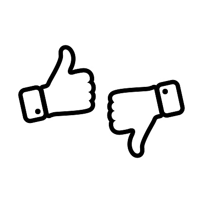 Thumbs up and thumbs down. Like icon and dislike. Black and white. Simple stroke outline thin thick line design. Vector illustration set isolated on white background eps 10