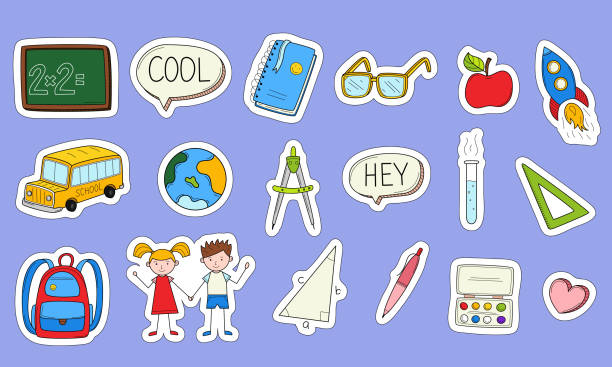 ilustrações de stock, clip art, desenhos animados e ícones de school stickers with a white outline. printable scrapbooking sticker set. collection of school stationery items in doodle style. hand colored elements - bus school bus education cartoon