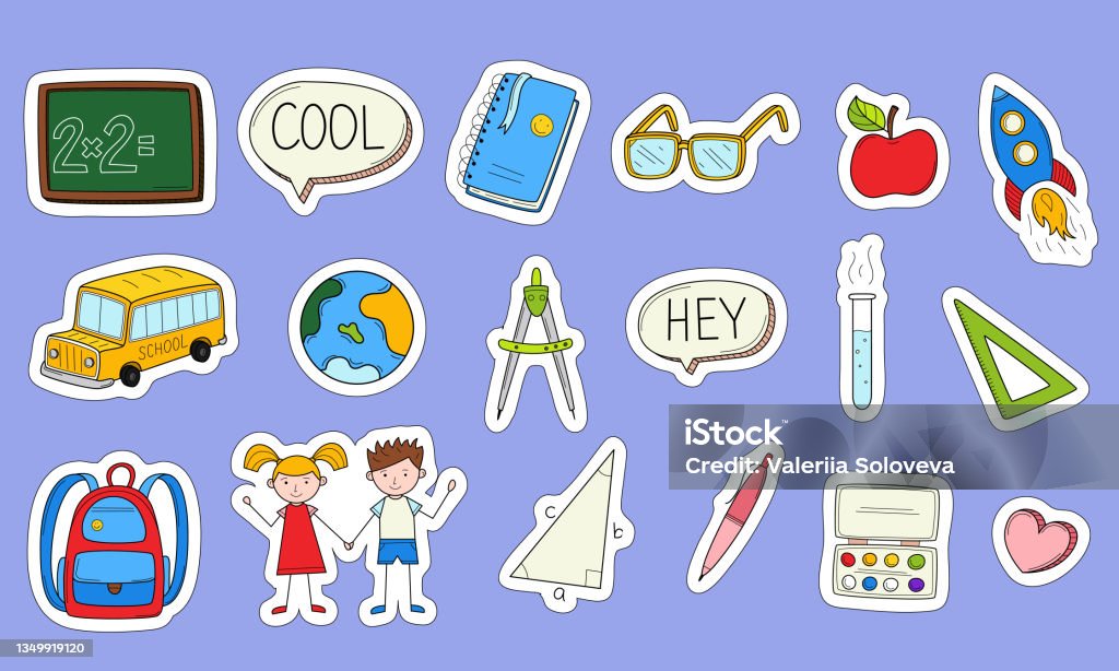 School Stickers With A White Outline Printable Scrapbooking Sticker Set  Collection Of School Stationery Items In Doodle Style Hand Colored Elements  Stock Illustration - Download Image Now - iStock