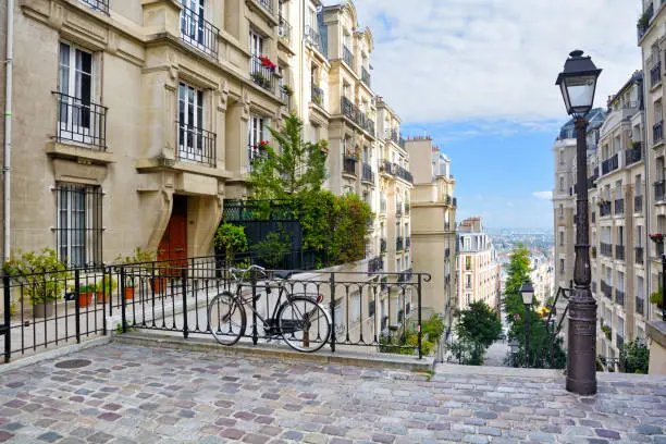 Beautiful buildings facades Montmartre district of Paris, France