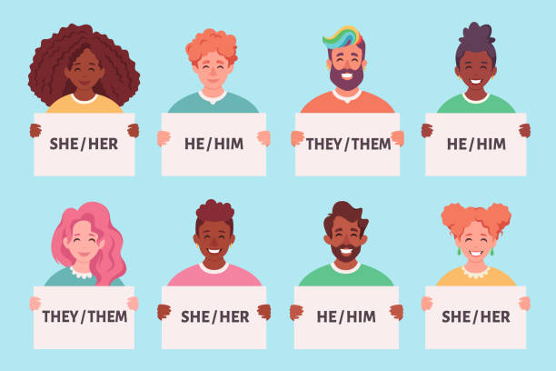 People holding sign with gender pronouns. She, he, they, non-binary. Gender-neutral movement. Vector illustration People holding sign with gender pronouns. She, he, they, non-binary. Gender-neutral movement. gender equality stock illustrations