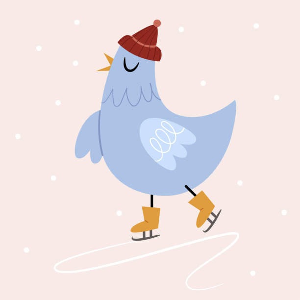 illustrations, cliparts, dessins animés et icônes de un oiseau bleu coiffé d’une casquette rouge patine. jolie carte de noël. drôle de personnage. - winter olympic games