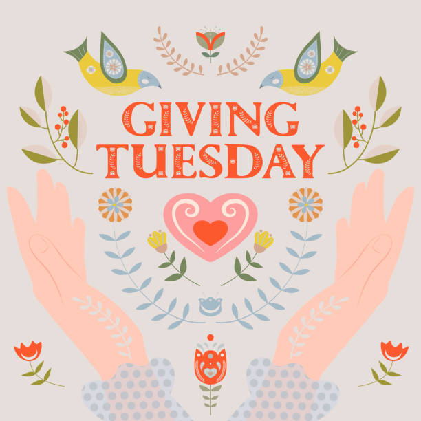 Giving Tuesday. Illustration in folk style, with the inscription Giving Tuesday, hearts, birds, hands and floral motives. Giving Tuesday. Illustration in folk style, with the inscription Giving Tuesday, hearts, birds, hands and floral motives. giving tuesday stock illustrations