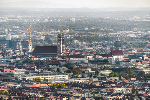 arial view over Munich cityscape with Frauenkirche at hazy day