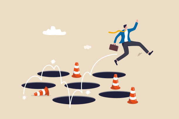 avoid pitfall, adversity and brave to jump pass mistake or business failure, skill and creativity to solve problem concept, smart businessman jump pass many pitfalls to achieve business success. - delik illüstrasyonlar stock illustrations