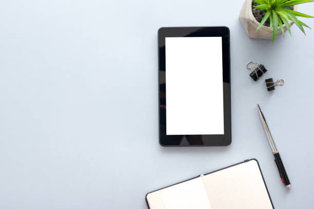 istock Office desk table with supplies. Flat lay Business workplace and objects. Top view. Copy space for text 1349923089