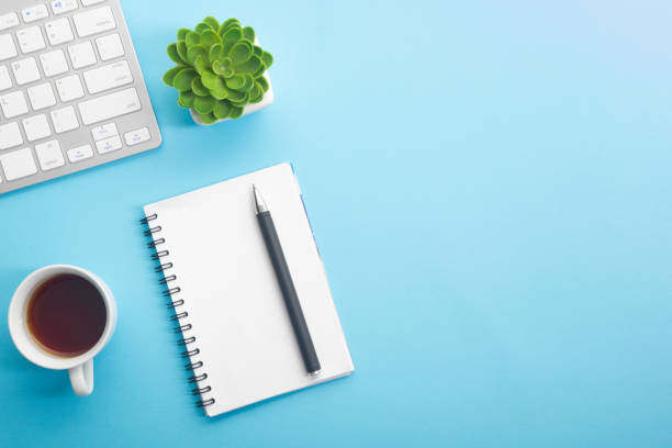 istock Office desk table with supplies. Flat lay Business workplace and objects. Top view. Copy space for text 1349923186