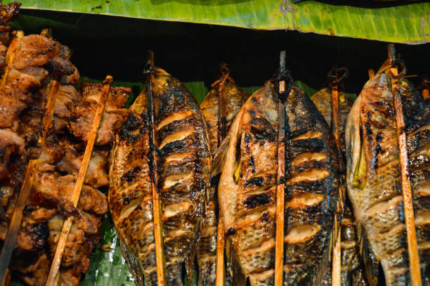Top view of Lao barbecued fish or beeng pa stock photo