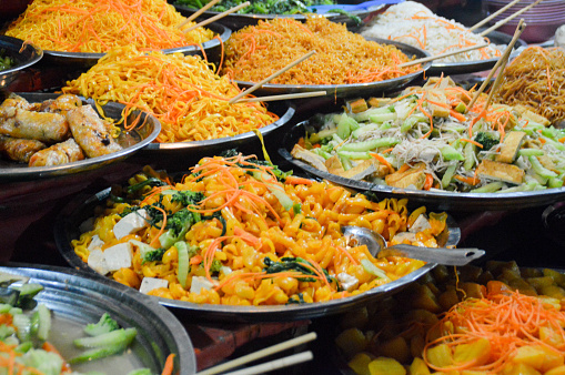 Assorted dishes at the famous vegan buffet at Luang Prabang Night Market in Laos