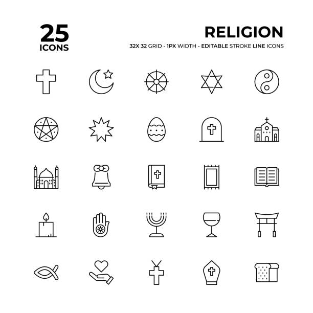 Religion Line Icon Set Religion Vector Style Editable Stroke Thin Line Icons on a 32 pixel grid with 1 pixel stroke width. Unique Style Pixel Perfect Icons can be used for infographics, mobile and web and so on. religious symbol stock illustrations