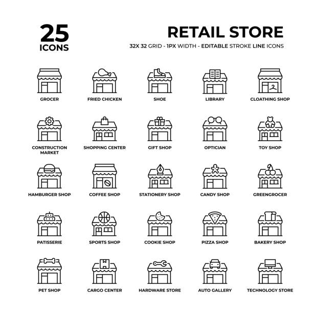 Retail Store Line Icon Set Retail Store Vector Style Editable Stroke Thin Line Icons on a 32 pixel grid with 1 pixel stroke width. Unique Style Pixel Perfect Icons can be used for infographics, mobile and web and so on. hardware store stock illustrations