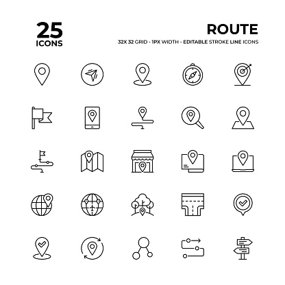 Route Vector Style Editable Stroke Thin Line Icons on a 32 pixel grid with 1 pixel stroke width. Unique Style Pixel Perfect Icons can be used for infographics, mobile and web and so on.