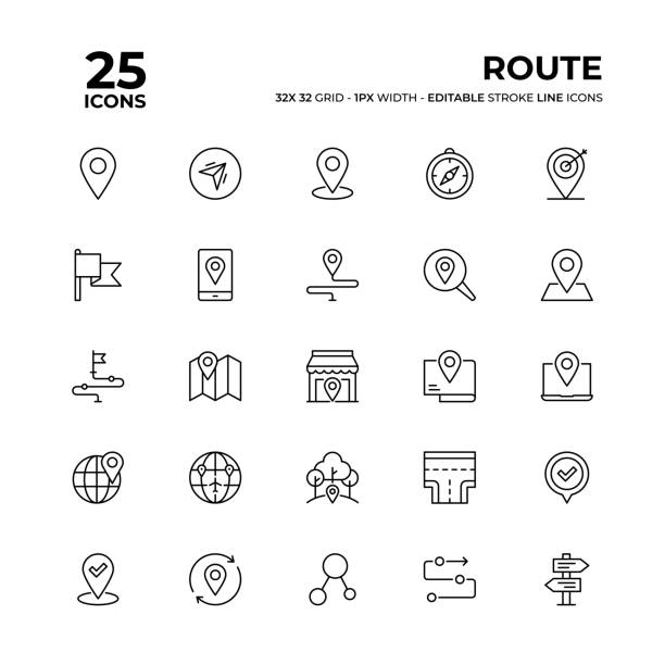 Route Line Icon Set Route Vector Style Editable Stroke Thin Line Icons on a 32 pixel grid with 1 pixel stroke width. Unique Style Pixel Perfect Icons can be used for infographics, mobile and web and so on. map pin stock illustrations