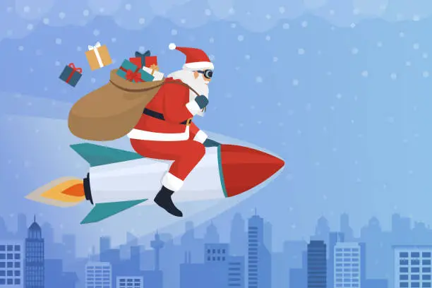 Vector illustration of Santa Claus riding a rocket and carrying Christmas gifts