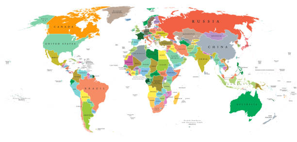 ilustrações, clipart, desenhos animados e ícones de mapa político mundial detalhado - cada país tem cor própria - ilustração vetorial escalável em qualquer tamanho - outline mexico flat world map