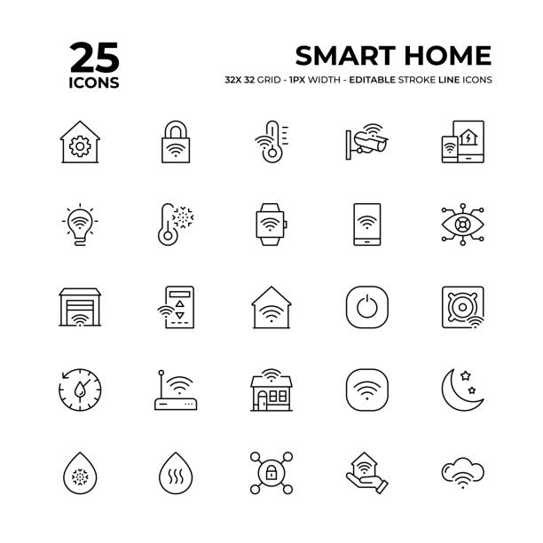 illustrazioni stock, clip art, cartoni animati e icone di tendenza di set di icone smart home line - domotica