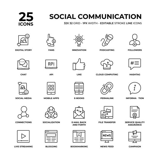 Social Communication Line Icon Set Social Communication Vector Style Editable Stroke Thin Line Icons on a 32 pixel grid with 1 pixel stroke width. Unique Style Pixel Perfect Icons can be used for infographics, mobile and web and so on. blogging stock illustrations