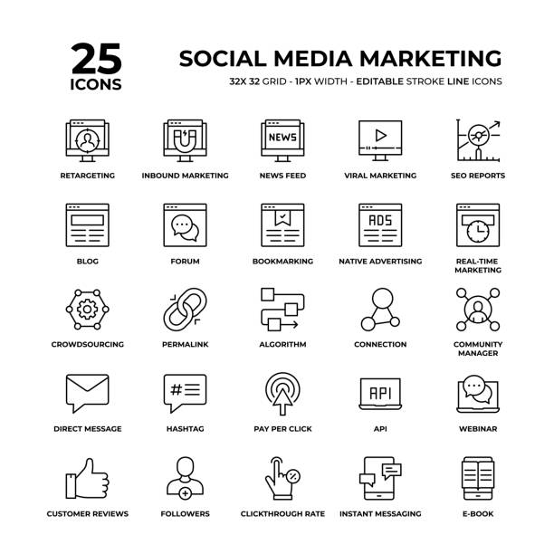 Social Media Marketing Line Icon Set Social Media Marketing Vector Style Editable Stroke Thin Line Icons on a 32 pixel grid with 1 pixel stroke width. Unique Style Pixel Perfect Icons can be used for infographics, mobile and web and so on. news feed icon stock illustrations
