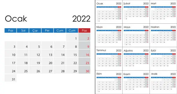 Vector illustration of Simple Calendar 2022 on Turkish language, week start on Monday.