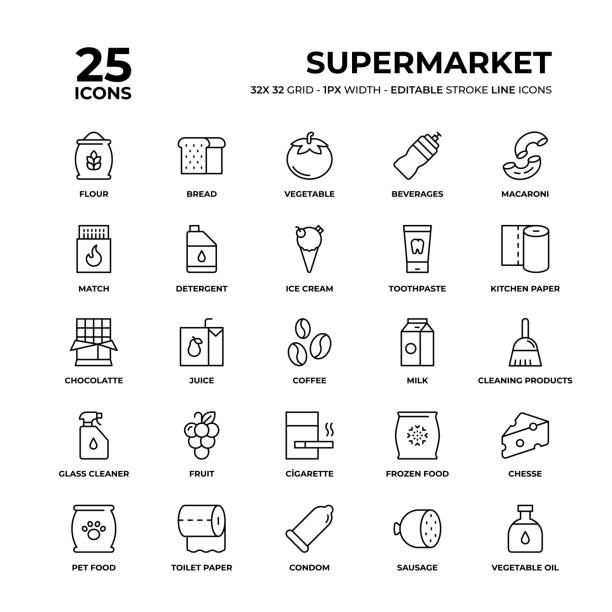 illustrazioni stock, clip art, cartoni animati e icone di tendenza di set di icone della linea del supermercato - tobacco wagon
