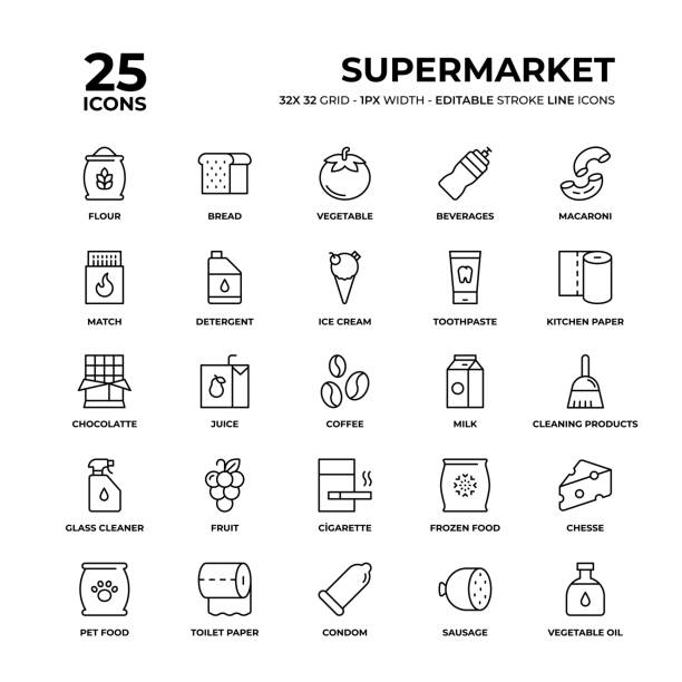 슈퍼마켓 라인 아이콘 세트 - tobacco wagon stock illustrations