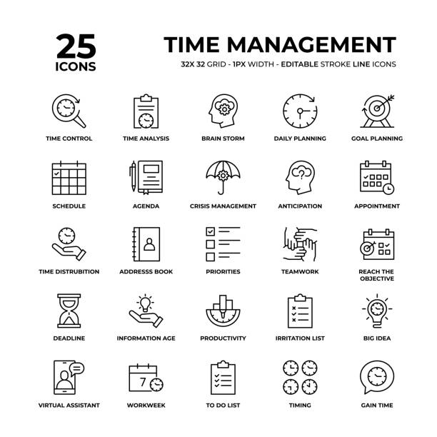 illustrazioni stock, clip art, cartoni animati e icone di tendenza di set di icone della linea di gestione del tempo - routine