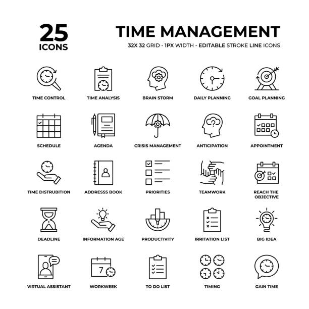 시간 관리 라인 아이콘 세트 - routine stock illustrations