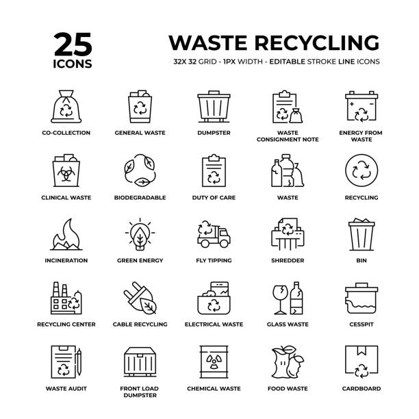 waste recycling line icon set - atık yönetimi stock illustrations