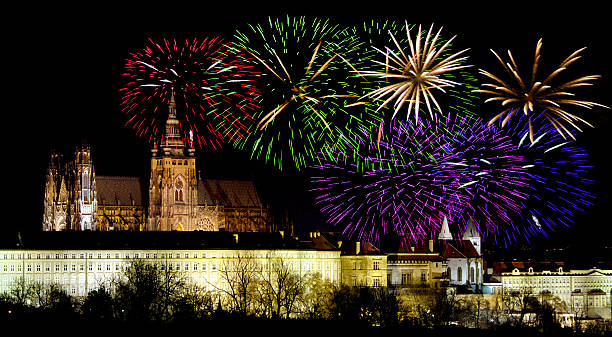 Prague castleand New Year celebrations stock photo