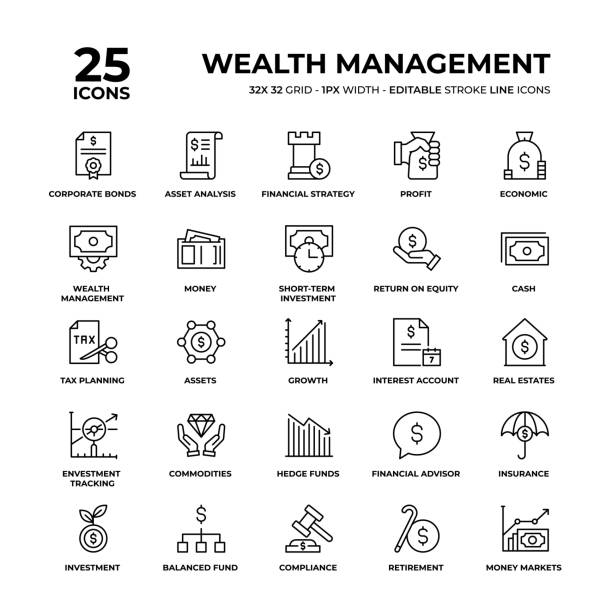 ilustraciones, imágenes clip art, dibujos animados e iconos de stock de conjunto de iconos de línea de wealth management - stock certificate investment savings certificate