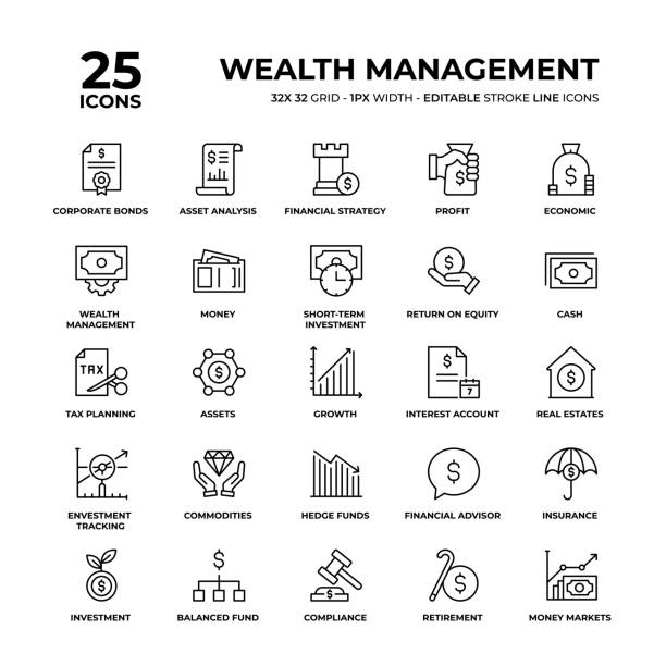 자산 관리 라인 아이콘 세트 - stock certificate investment savings certificate stock illustrations