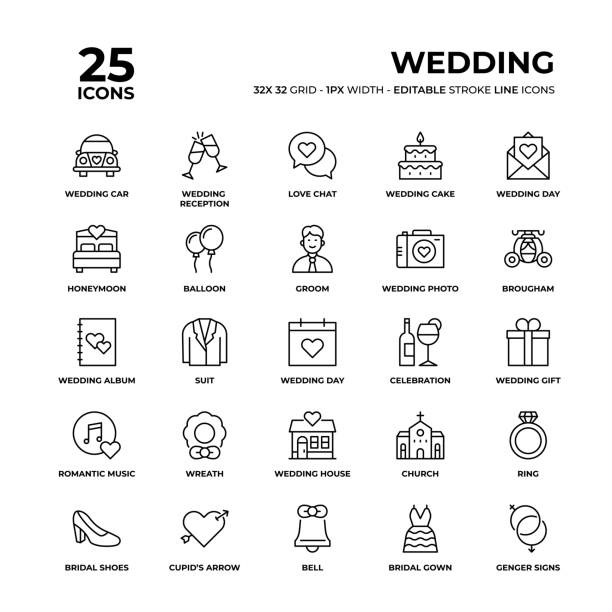 ilustrações de stock, clip art, desenhos animados e ícones de wedding line icon set - wedding cake wedding reception bouquet wedding