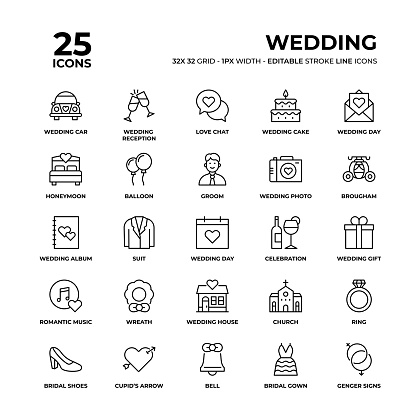 Wedding Vector Style Editable Stroke Thin Line Icons on a 32 pixel grid with 1 pixel stroke width. Unique Style Pixel Perfect Icons can be used for infographics, mobile and web and so on.