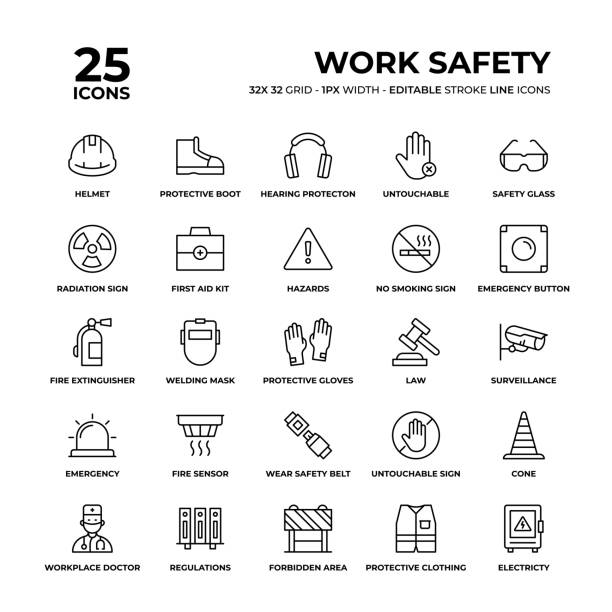 Work Safety Line Icon Set Work Safety Vector Style Editable Stroke Thin Line Icons on a 32 pixel grid with 1 pixel stroke width. Unique Style Pixel Perfect Icons can be used for infographics, mobile and web and so on. safe security equipment stock illustrations