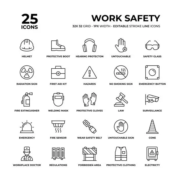 Vector illustration of Work Safety Line Icon Set