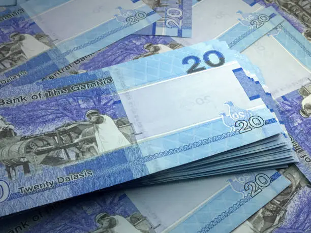 Money of Gambia. Gambian dalasi bills. GMD banknotes. 20 dalasis. Business, finance, news background.