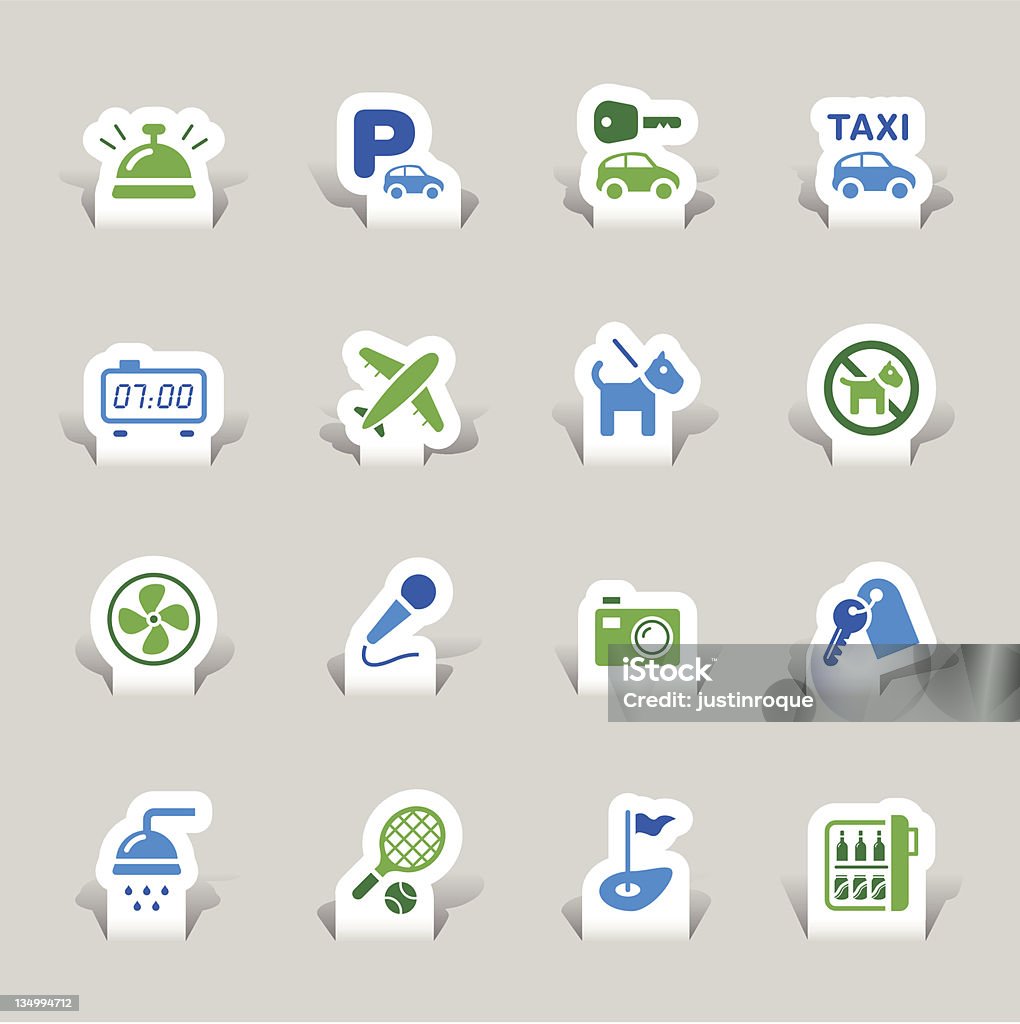 Paper cut - Hotel icons Vector illustration, Each icon is available in green and blue and can be used at any size. You can easily change the colors. Shadows could be moved or deleted. Files included: Vector EPS 8,  HD JPEG 4000 x 4000 Doorbell stock vector