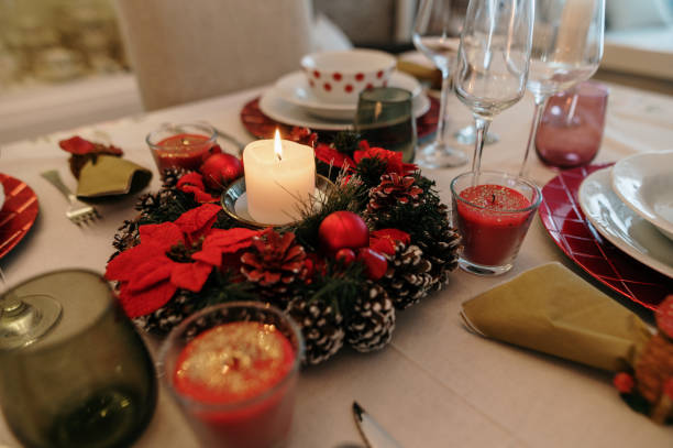 istock Close-up of Christmas decorations on a dining table 1349954978
