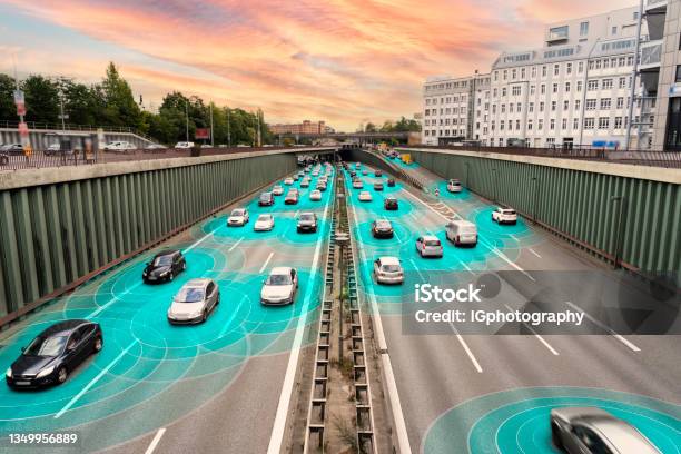 Self Driving Electric Cars On Highway Stock Photo - Download Image Now - Car, Driverless Transport, Traffic