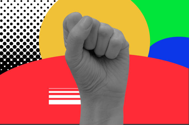 istock Digital collage modern pop art. Black and white hand raised. Multicolor contemporary background for trendy urban magazine style, ads. 1349957009