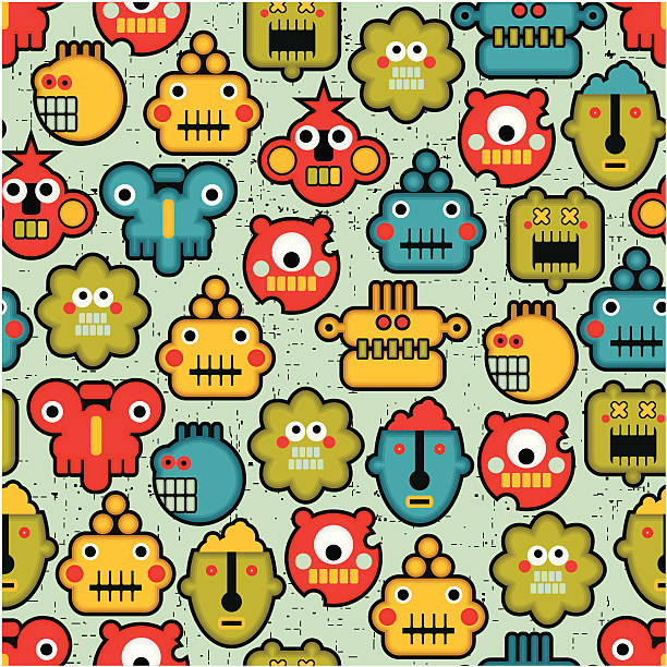 ilustraciones, imágenes clip art, dibujos animados e iconos de stock de robots, monstruos linda cara patrón sin costuras. - gear backgrounds machine teeth metallic